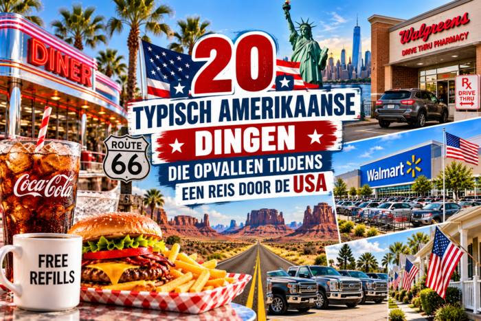 Typisch Amerikaanse dingen zoals een diner, Amerikaanse vlag en grote auto