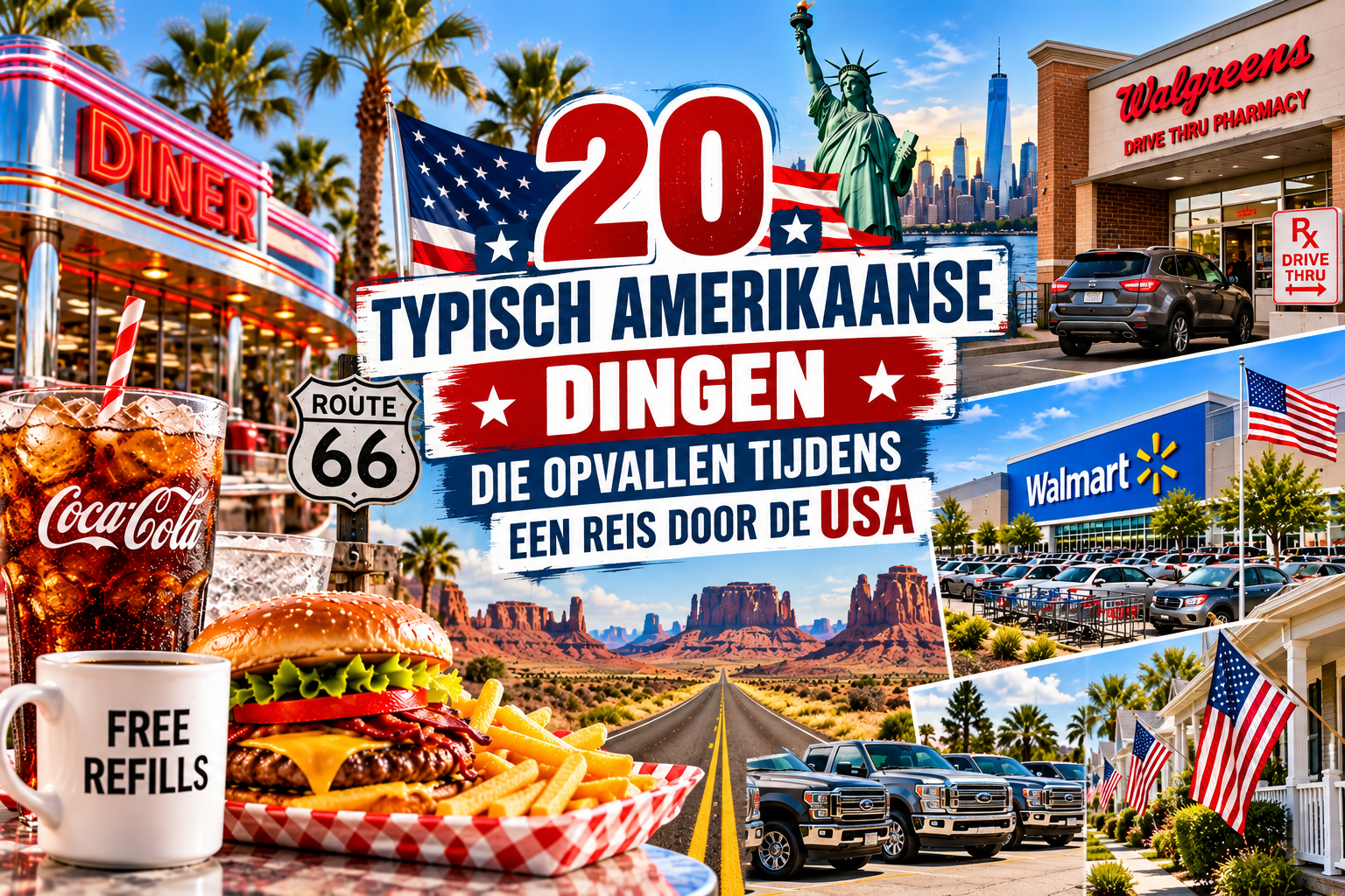 Typisch Amerikaanse dingen zoals een diner, Amerikaanse vlag en grote auto