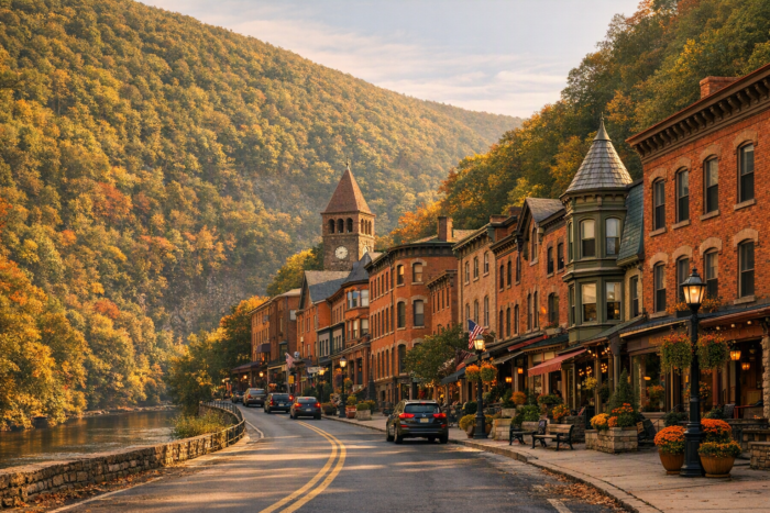 Historische hoofdstraat van Jim Thorpe in Pennsylvania met Victoriaanse gebouwen en heuvels